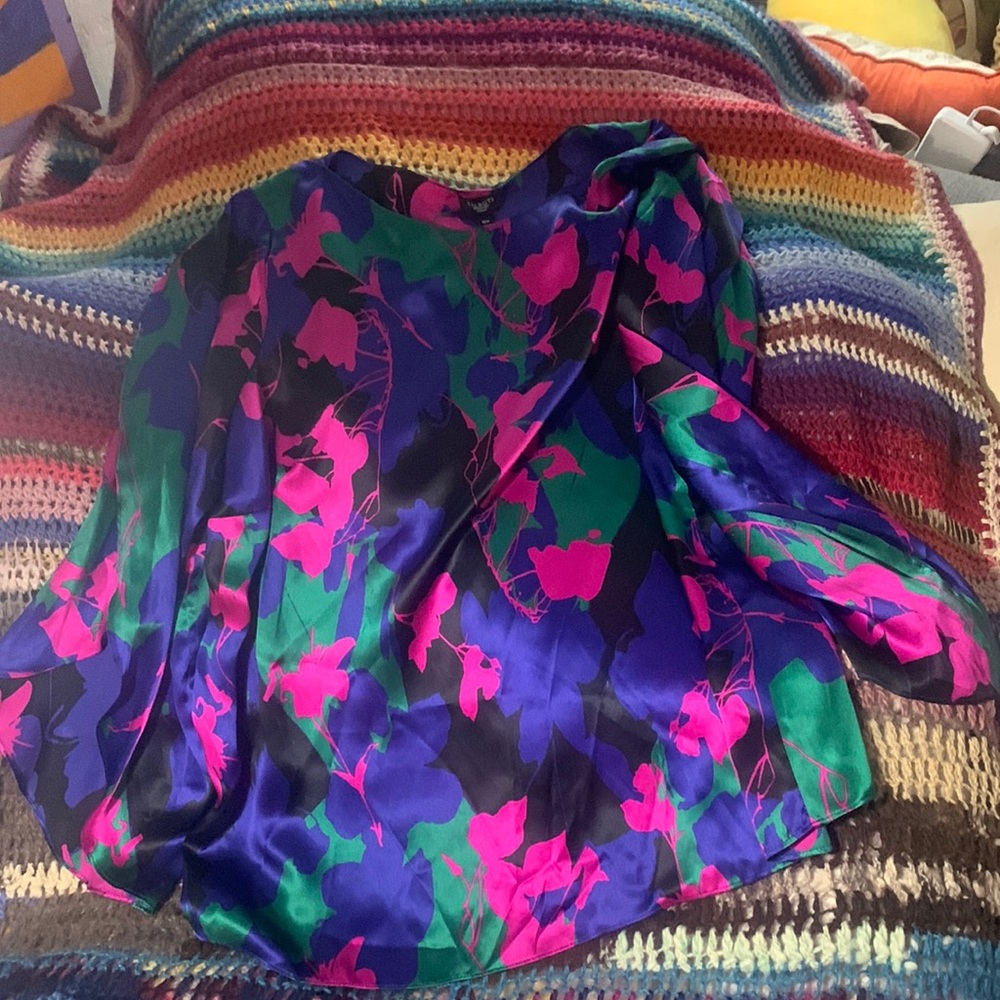 NWT Talbots Tulip Split Sleeve Floral Silk Blouse 16W 100% silk.